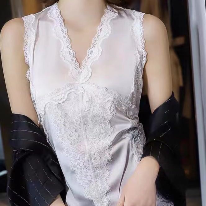 玛薇丝《镜中花》深圳南油新中式白黑色蕾丝性感无袖弹力段背心