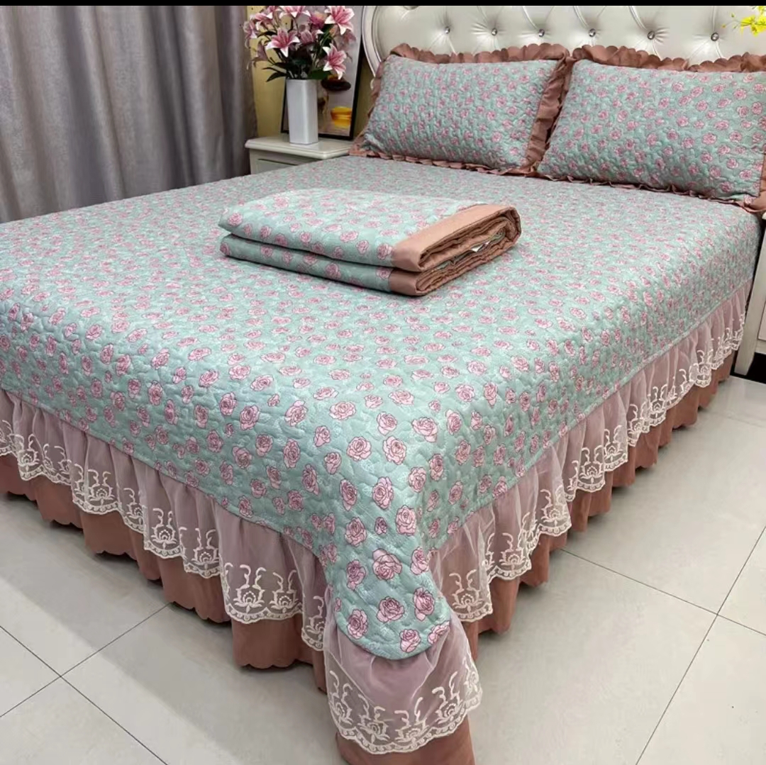 新款春夏A类水洗棉麻防滑四件套绗缝夹棉床裙床上用品床盖三件套