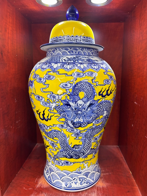 黄釉龙纹将军罐青花瓷手工陶瓷创意缠枝花瓶