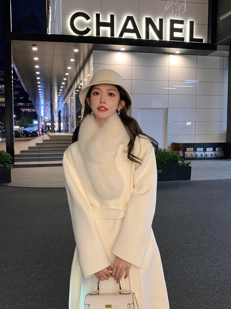 2025韩版中长款毛呢百搭气质网红秋冬季羊毛大衣狐狸毛领时尚女款
