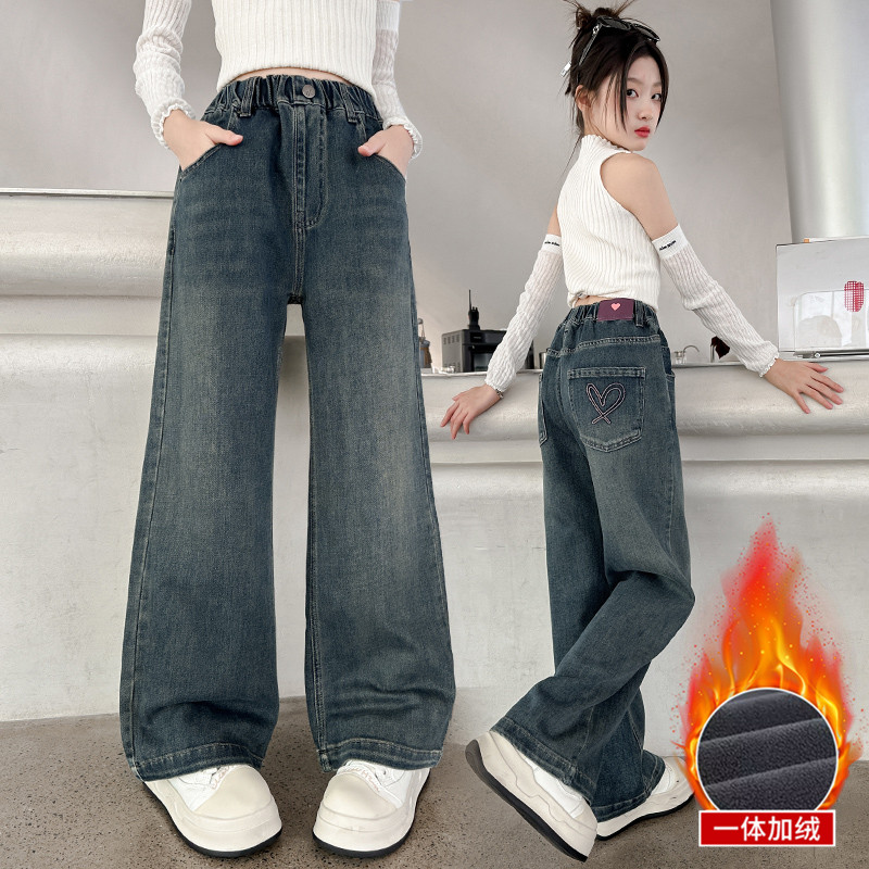 女童牛仔裤秋冬款宽松直筒女孩加绒加厚一体绒阔腿裤冬季儿童裤子