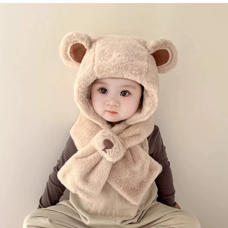 婴儿帽子秋冬季男女童围巾一体小熊毛绒帽冬天儿童加绒加厚防风帽
