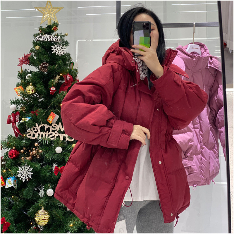 韩收腰抽绳连帽羽绒服女中长款2022新款宽松加厚保暖白鸭绒外套