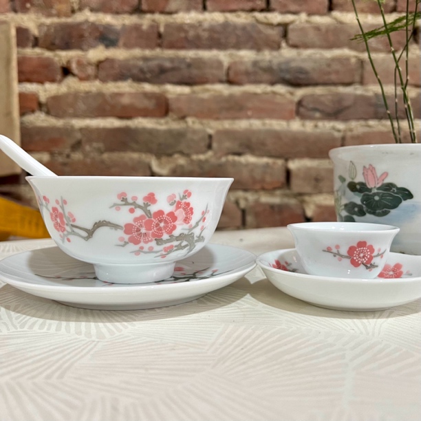 醴陵高温瓷手绘釉下彩梅花餐具小套5件二级品微瑕