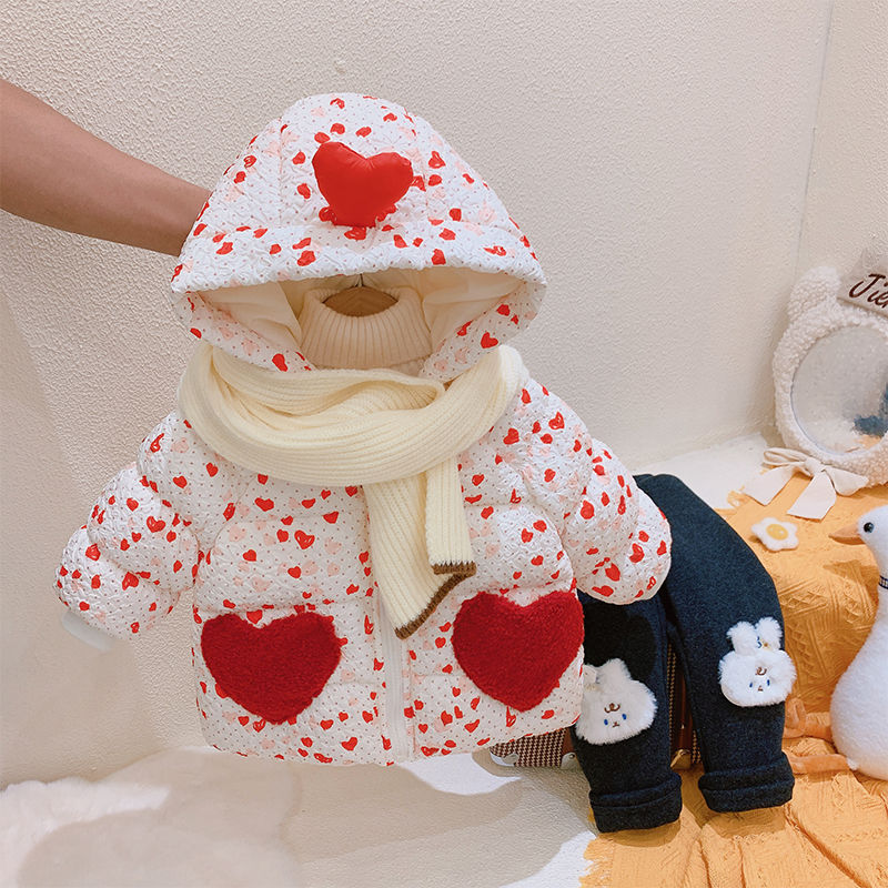 女童棉袄冬装新款宝宝洋气爱心连帽儿童加绒加厚棉服外套韩版