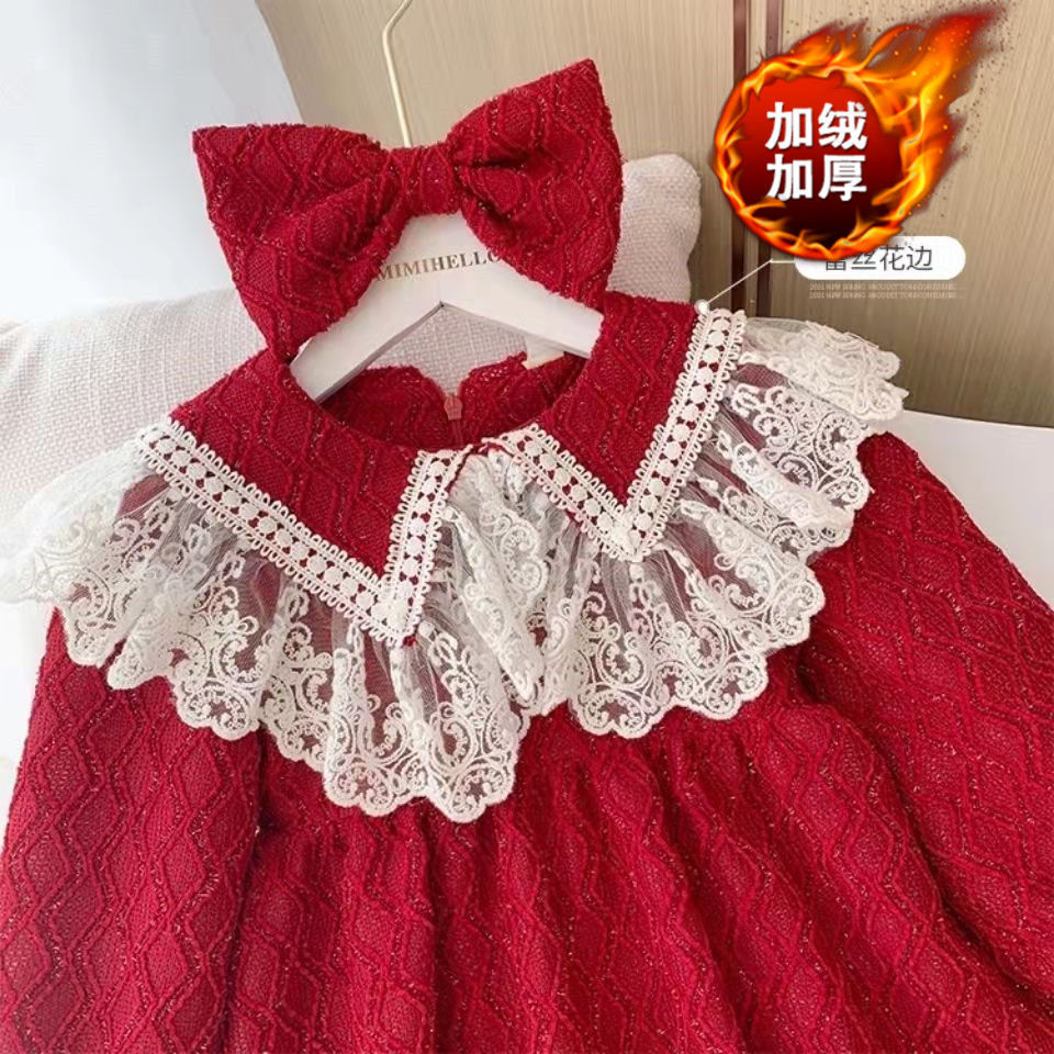 女童加绒连衣裙冬装儿童裙新款法式提花公主裙红色女孩新年裙