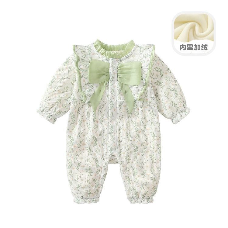 婴童冬装新生女宝宝连体衣蝴蝶结满月百天加绒哈衣外出爬服冬季
