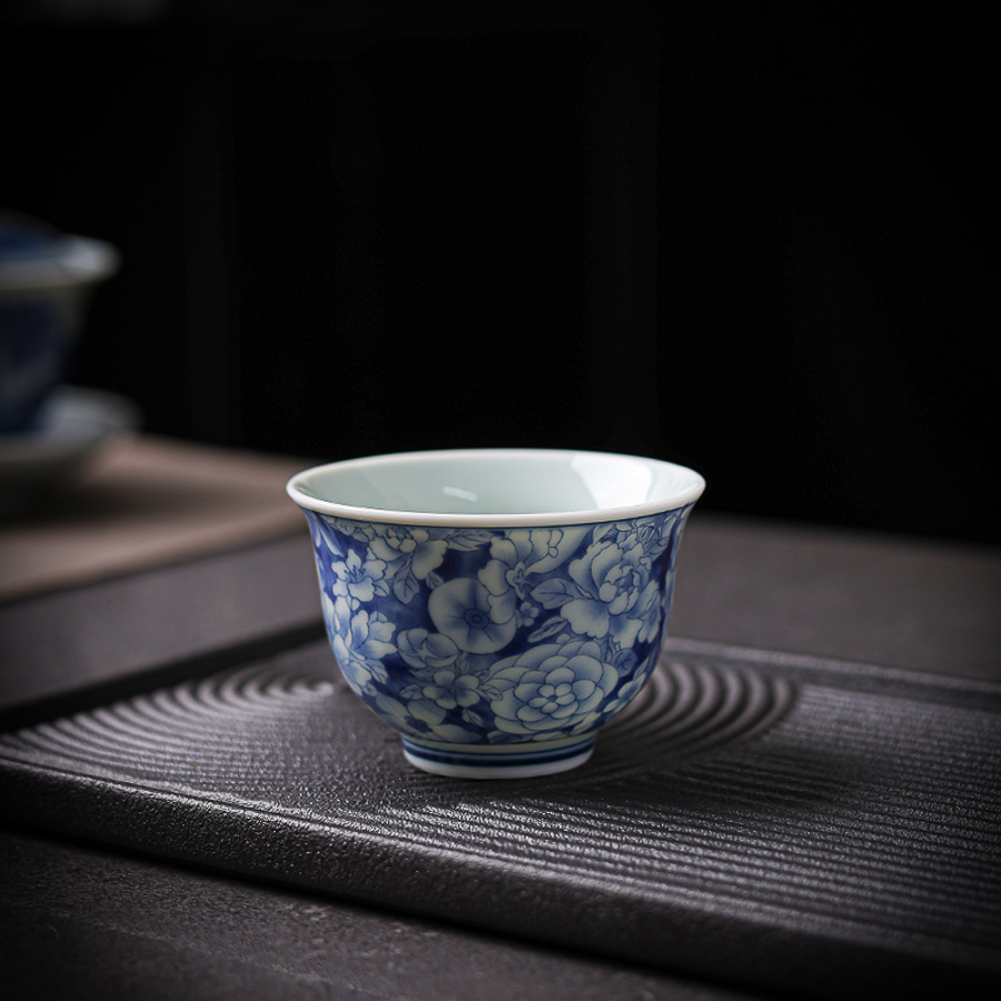 复古青花万花茶杯茶具陶瓷主人杯手绘品茗杯柴窑复古家用龙纹全彩
