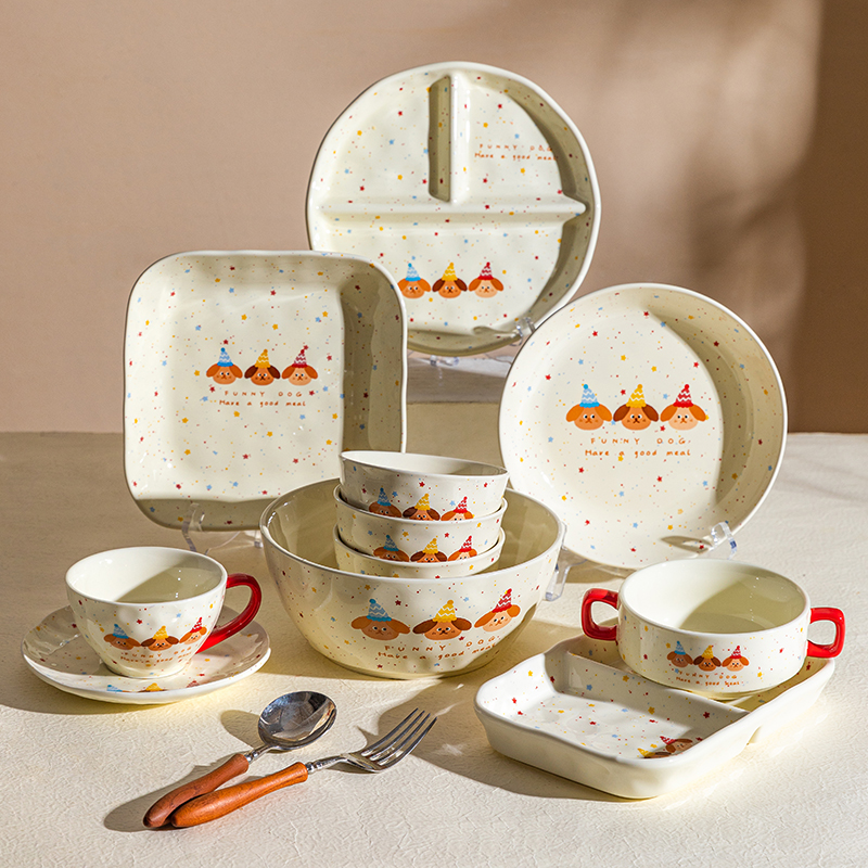 摩登主妇三只小可爱碗碟套装家用陶瓷饭汤碗沙拉碗盘子高颜值餐具