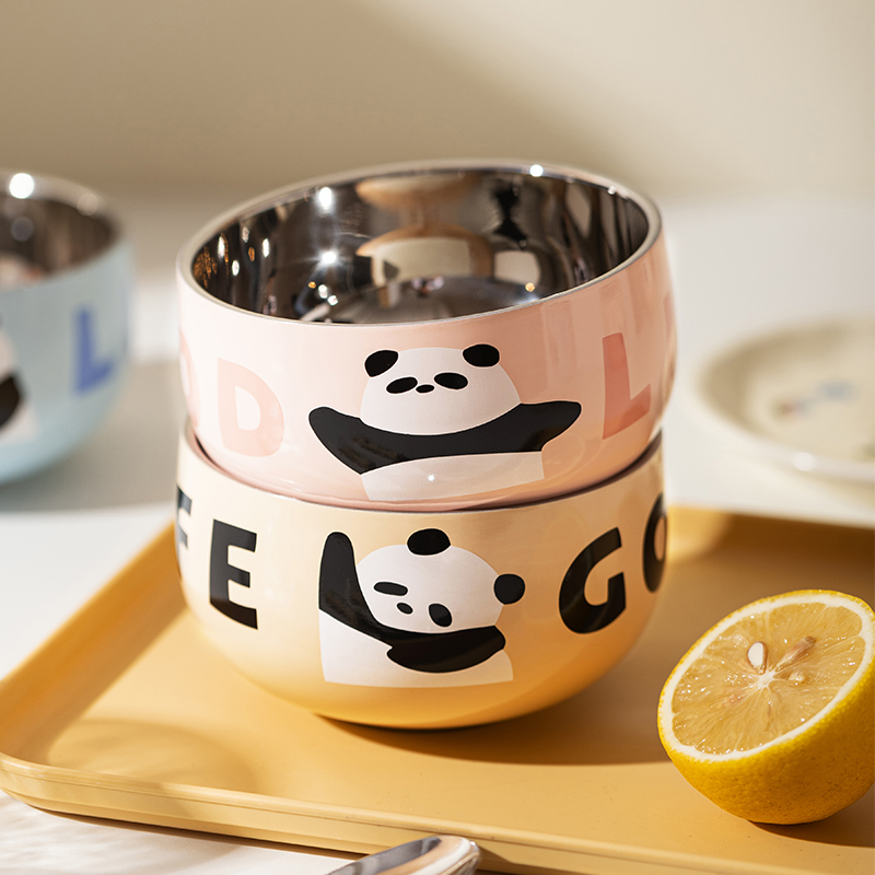 【摩登主妇】mototo熊猫不锈钢儿童饭碗宝宝碗家用防摔餐具吃饭碗