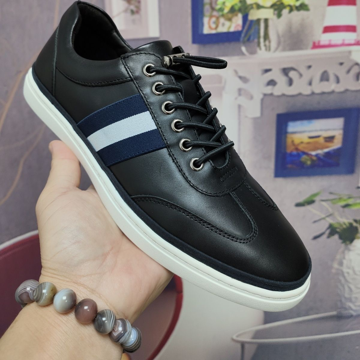 头层牛皮 广州男鞋夏季透气百搭低帮平板鞋运动休闲一脚蹬皮鞋