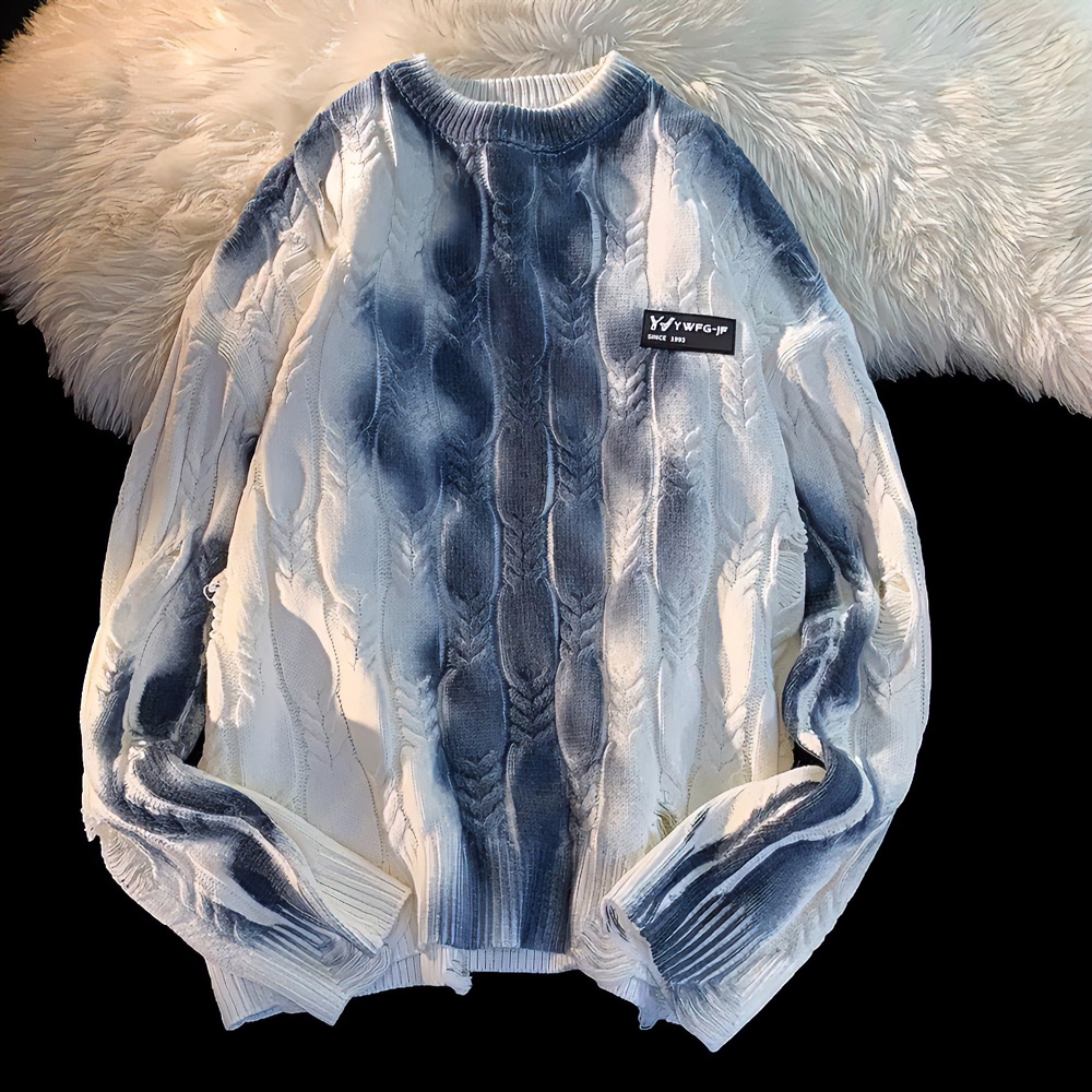 美式圆领扎染毛衣男女款宽松渐变春秋季高级感休闲慵懒风针织衫oo