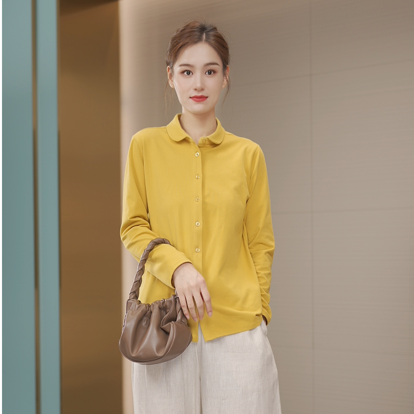 3186【女士小圆领弹力衬衫】纯色翻领秋季衬衣长袖休闲打底衬衫