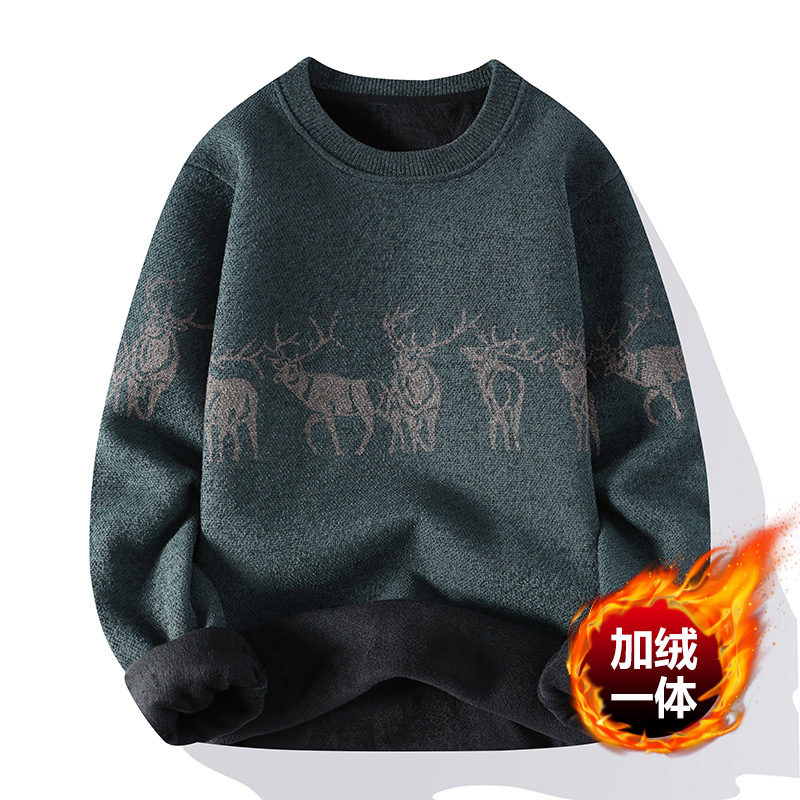 一体绒毛衣男秋冬季水貂绒加绒加厚款保暖线衣潮流宽松潮牌针织衫