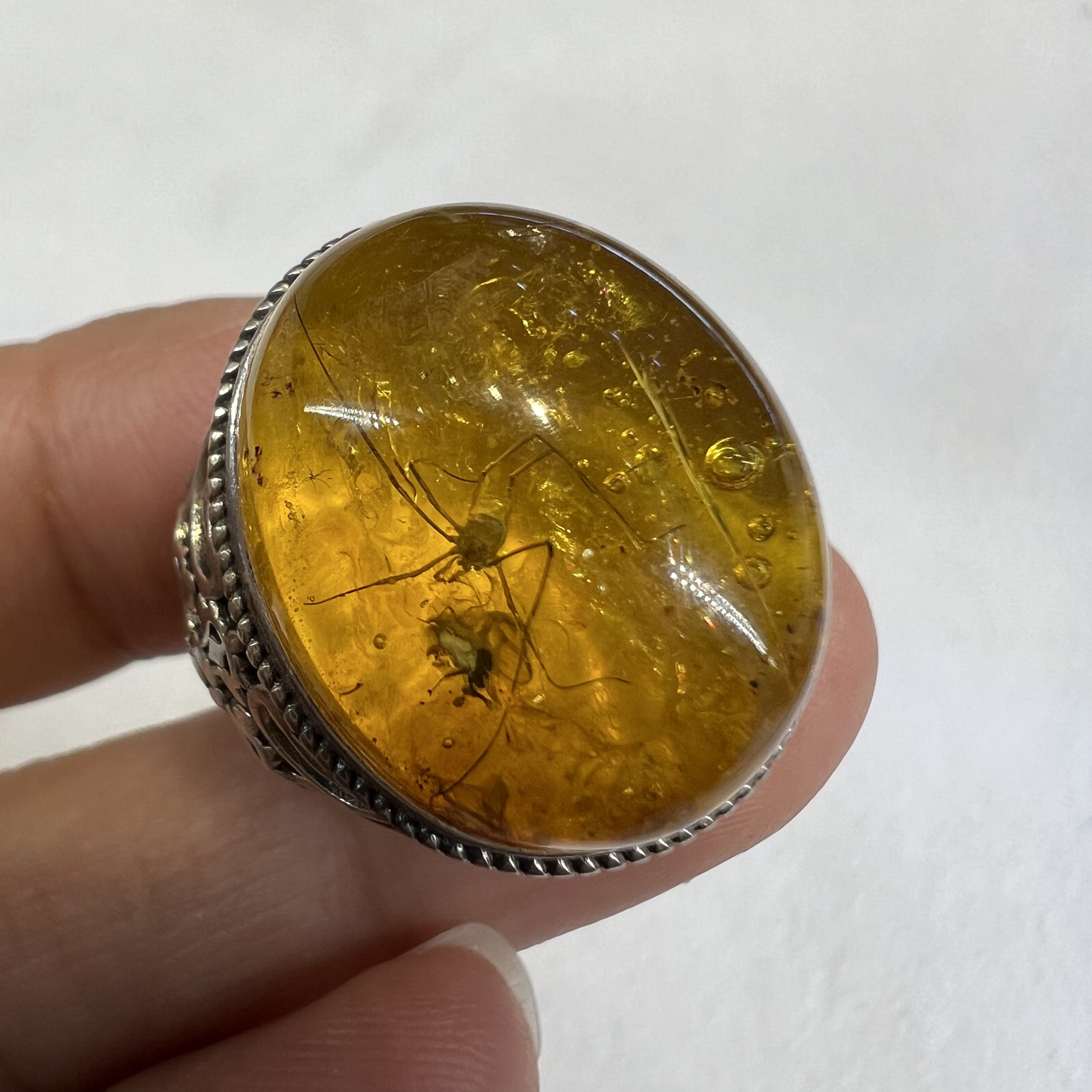 天然琥珀虫珀戒面镶嵌s925银活口可调戒指