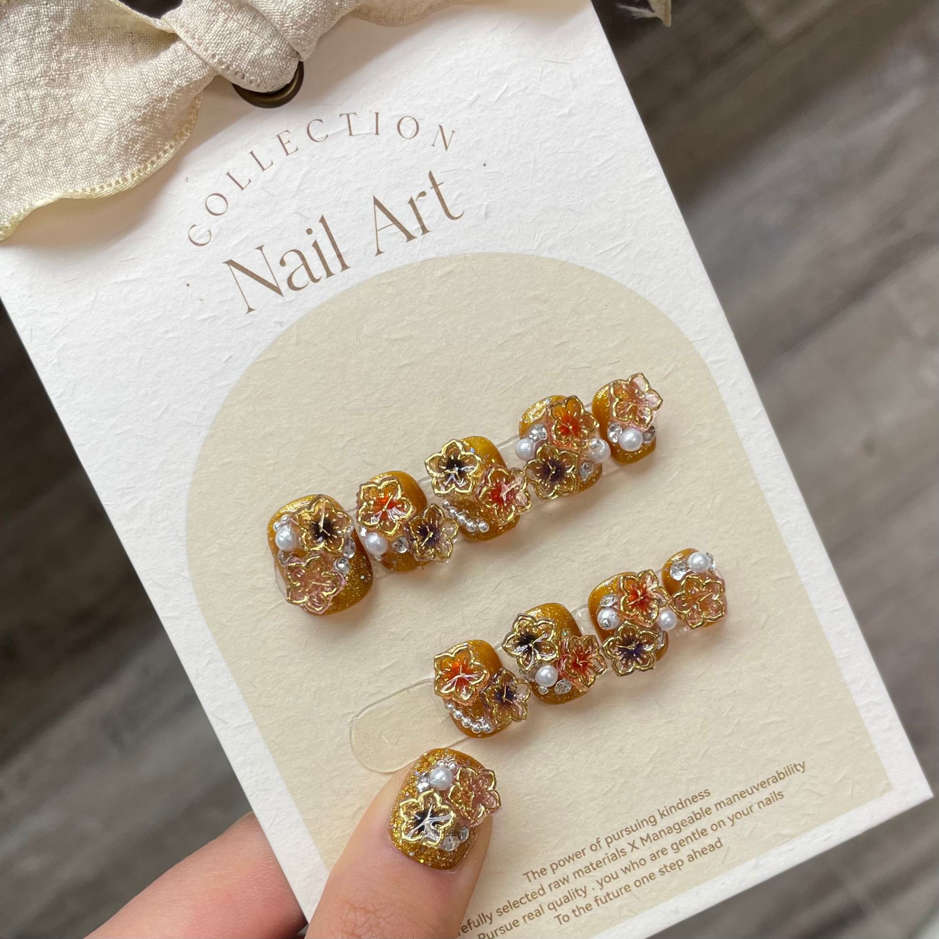 时来运转樱花金边烫金琉璃花立体花瓣假指甲纯手工穿戴甲美甲成品