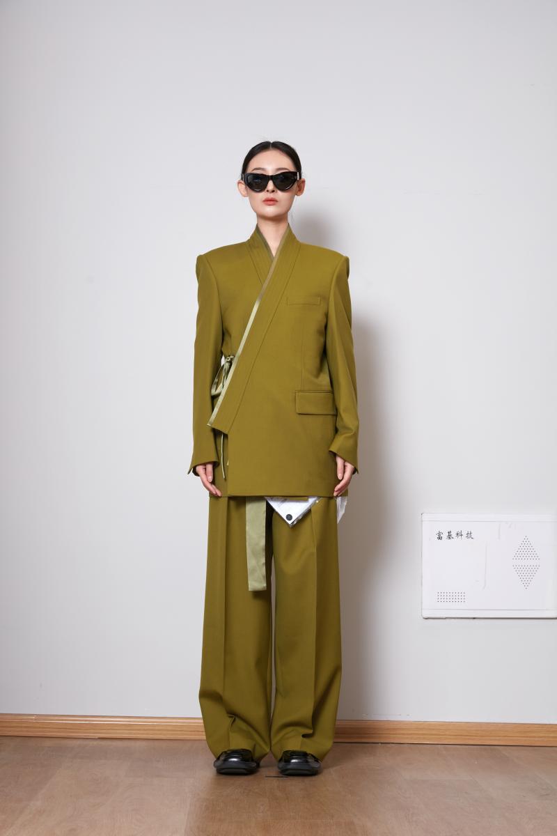 ELVIS.CHEUNG23秋冬气质显瘦精纺缎面高腰头系带直筒裤