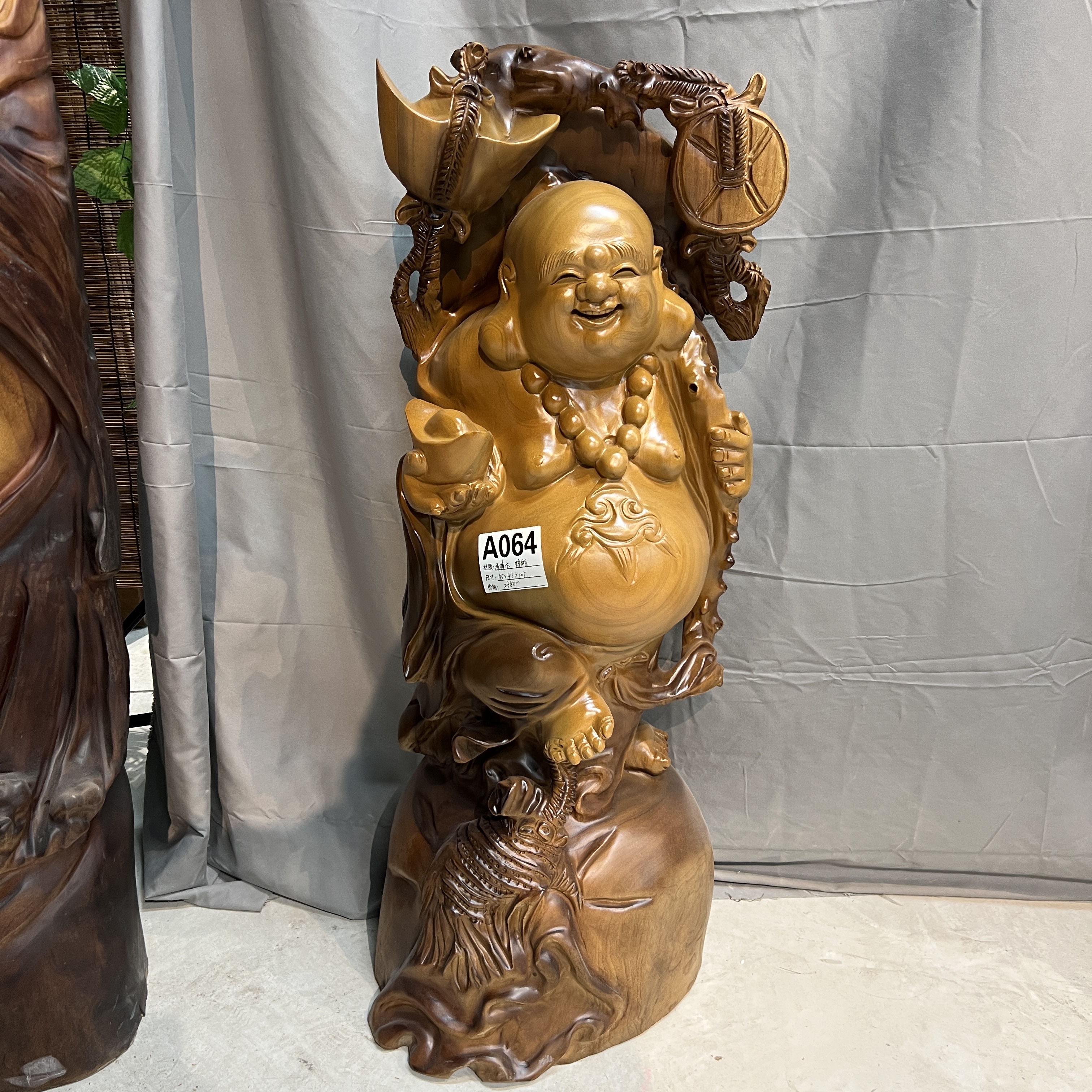 新品好运连连招财进宝弥勒佛纯手工雕刻木雕