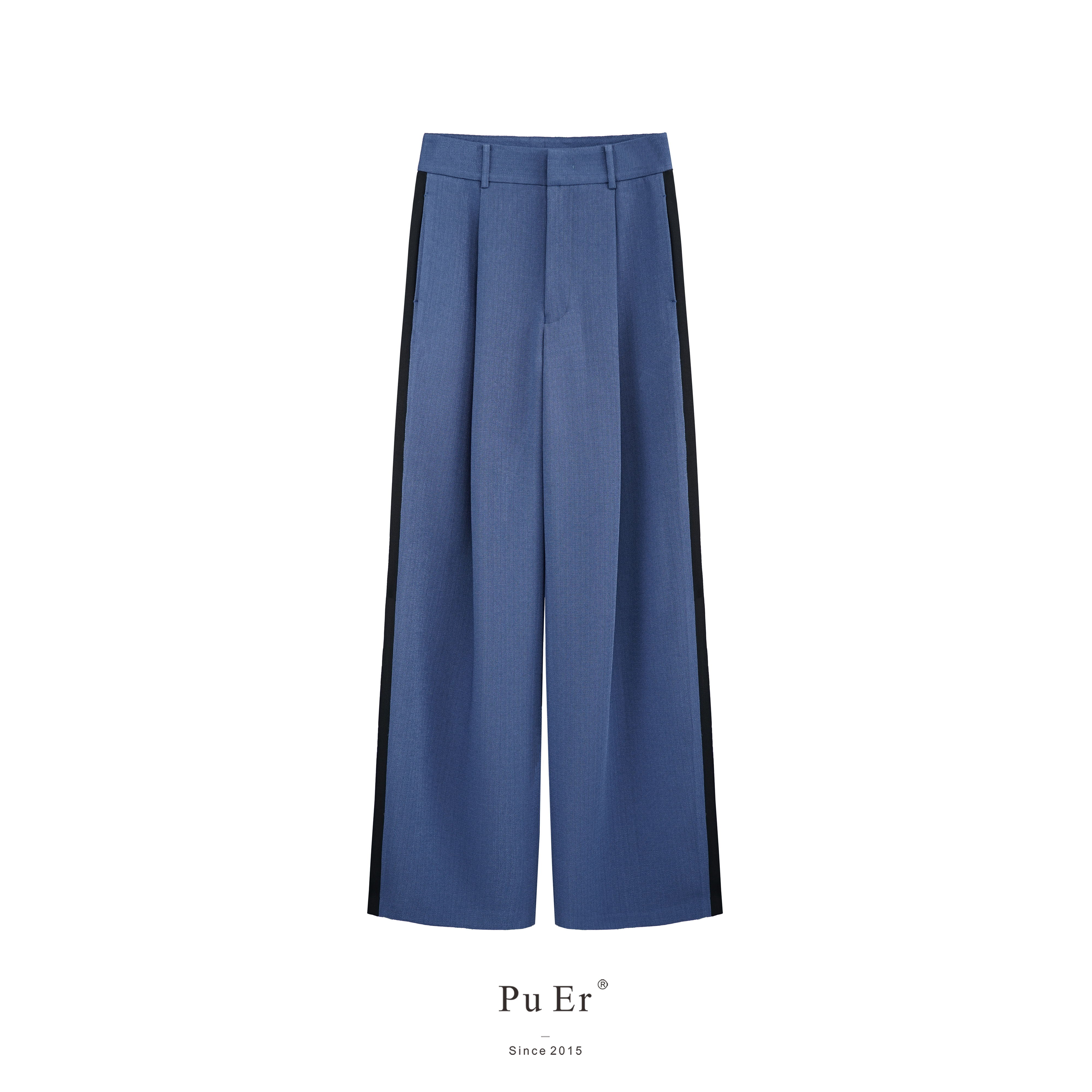PUER初秋雾蓝拼色立体单褶直筒裤