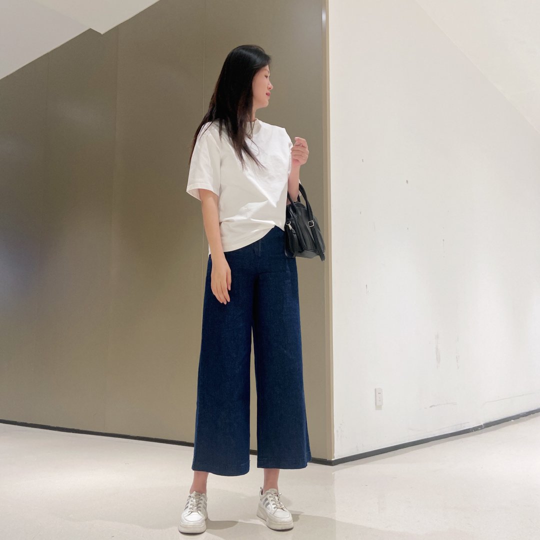 清库女款高腰显瘦舒适高品质亚麻牛仔裤阔腿裤休闲宽松九分裤