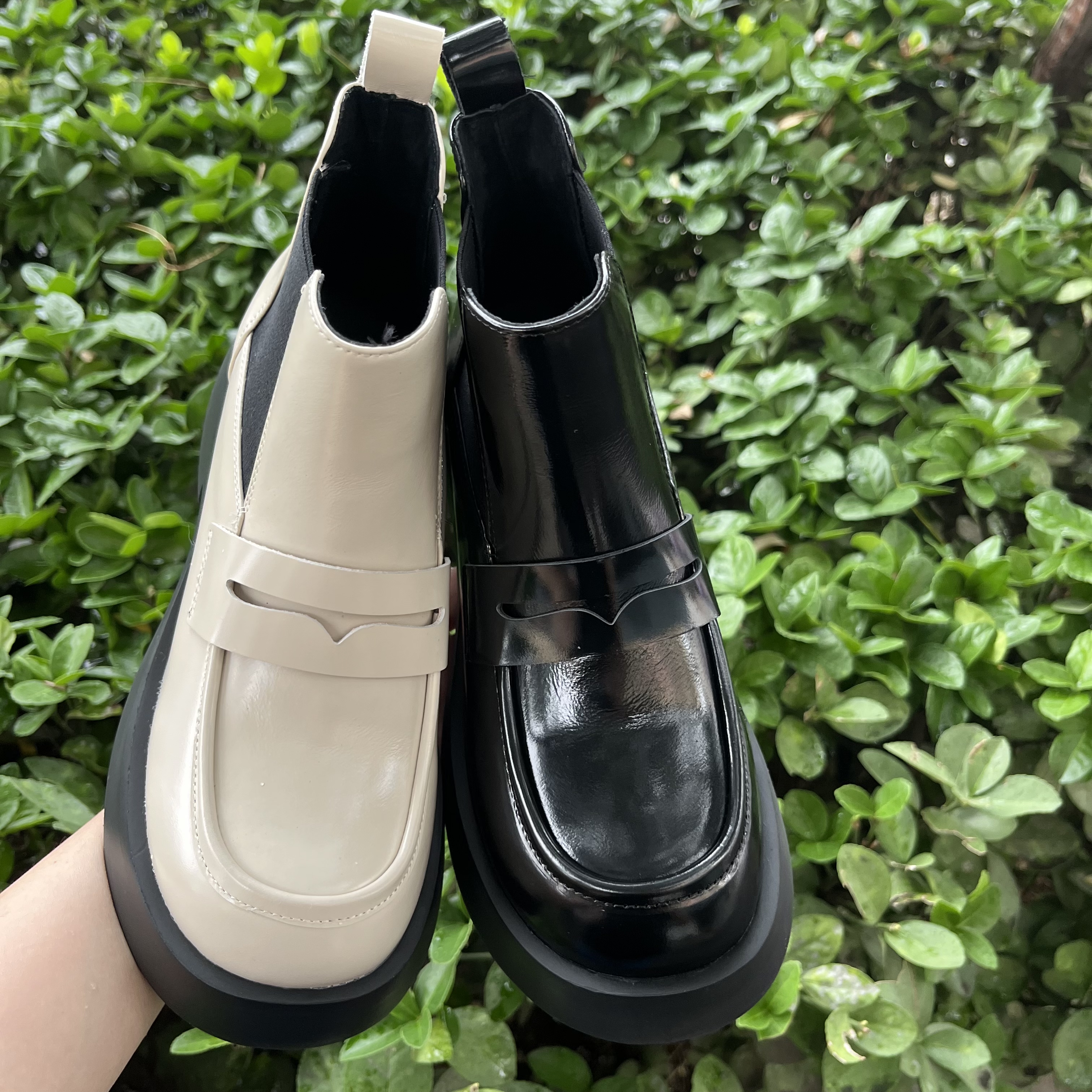 红冠皮鞋短靴套脚高帮鞋圆头厚底烟筒靴