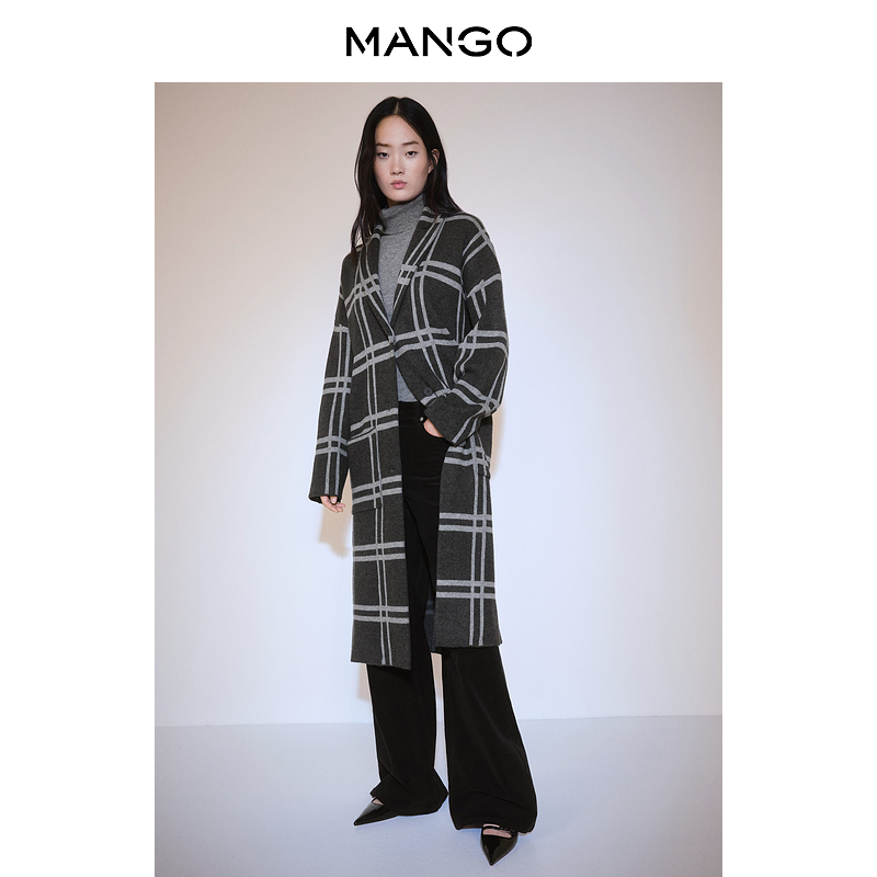 年终折扣MANGO女装毛呢外套2025冬装新款创驳领格纹印花大衣外套