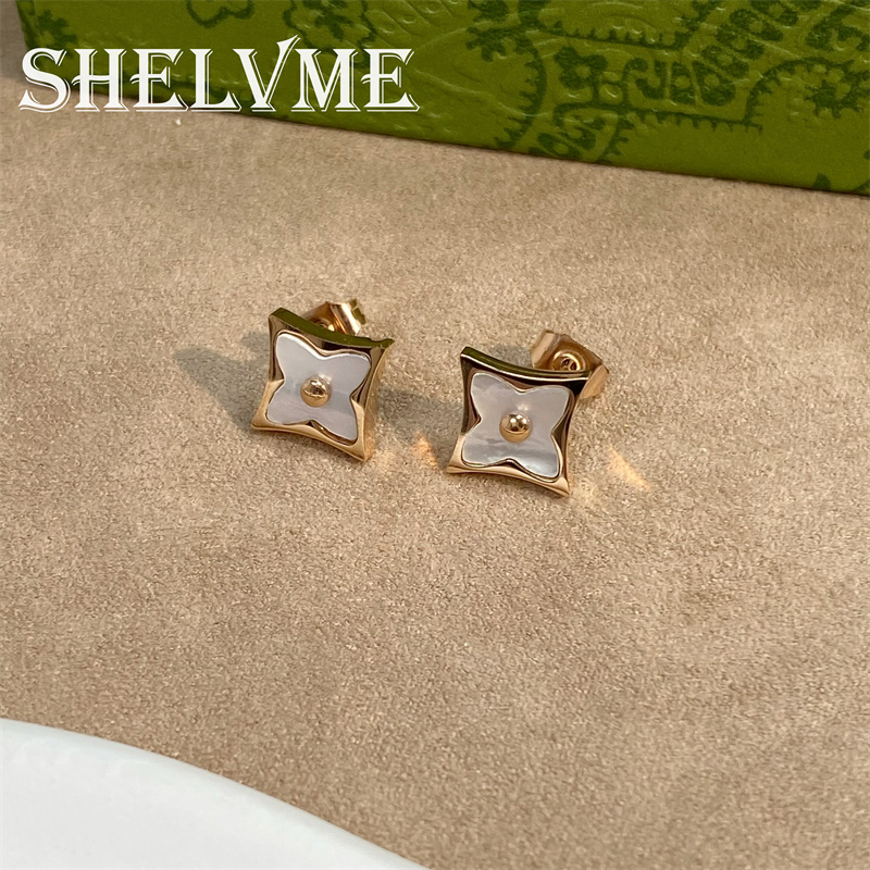钛钢贝壳耳饰 【SHELVME】CNC精工菱形四叶花尖花耳钉少女简约