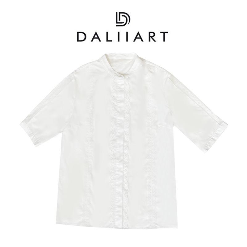 大丽高定桑蚕丝棉精美蕾丝花边法式廓形丝绵短袖衬衫上衣DLTX1010
