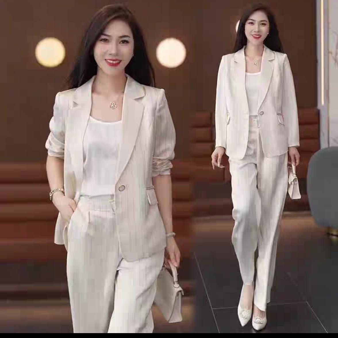 高档西装套装女秋季时尚气质显瘦西服外套吊带直简西裤三件套058