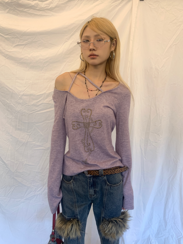 【上新Open Md*. 】紫色小众设计感修身柳钉针织织衫袖内搭打底