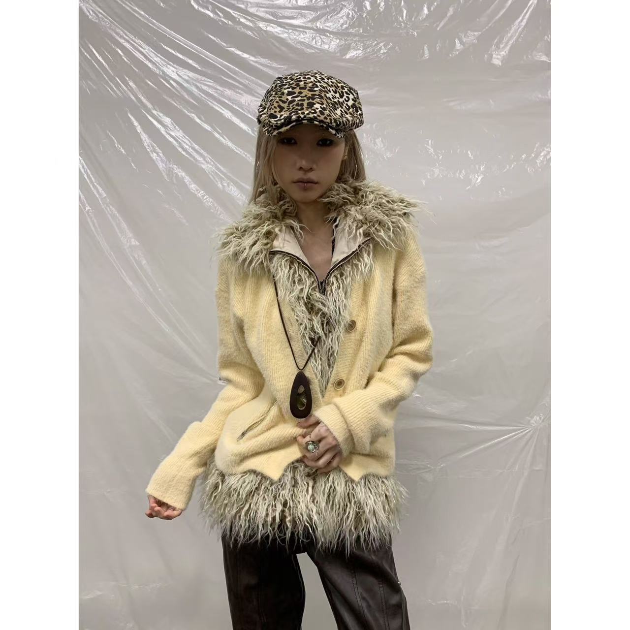 【jeong ill上新】Y2K复古可拆卸毛领保暖针织毛衣开衫