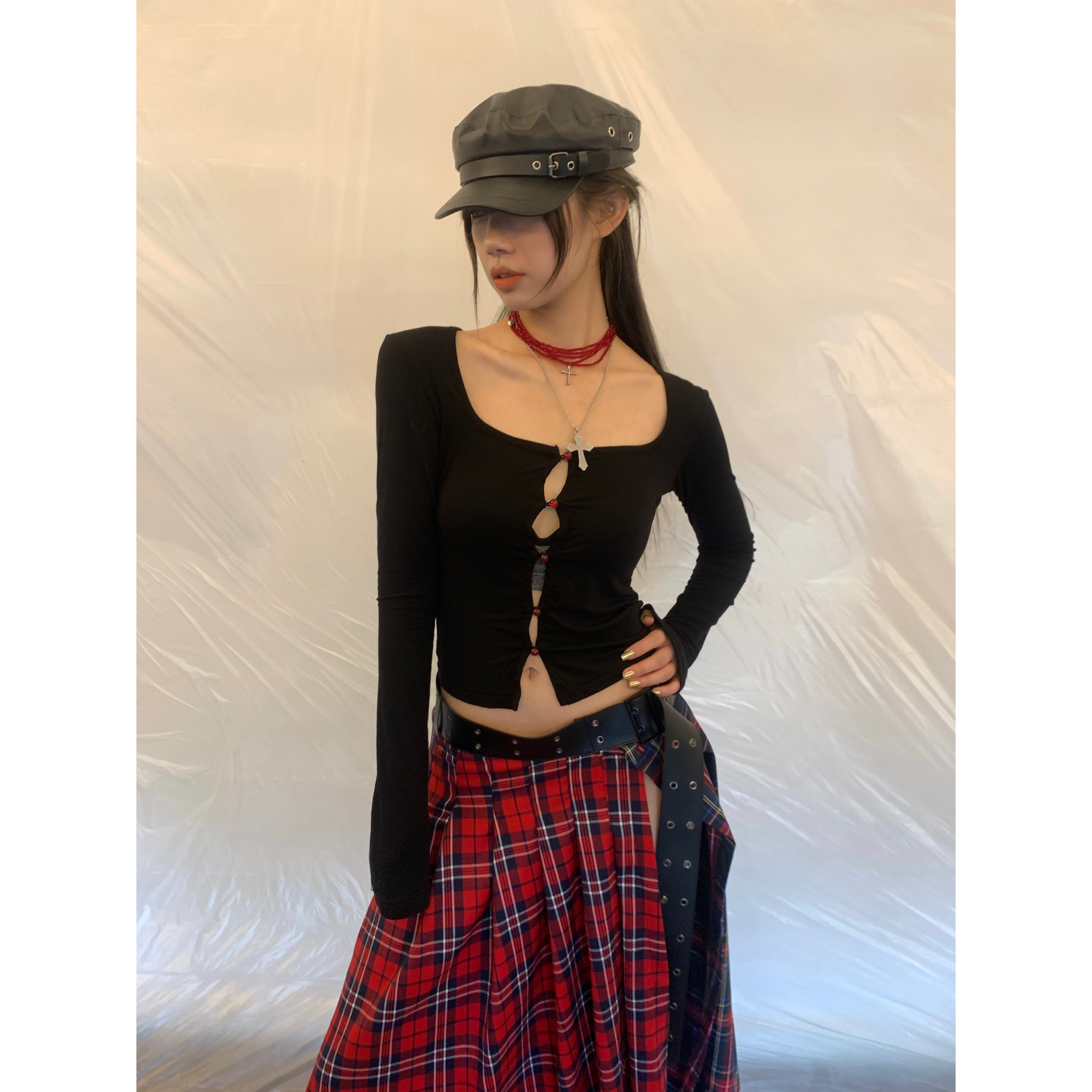 【jeong ill现现】方领镂空设计印花网纱美式长袖打底