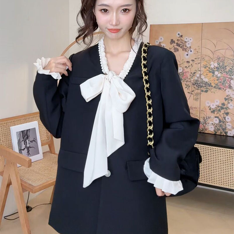 法2025显瘦新款西装开衫外套女上衣高级感秋季蝴蝶结胖mm大码拼接