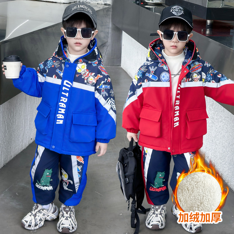 儿童冬款套装2025新款男孩卡通经典奥特曼加绒套装男童洋气连帽