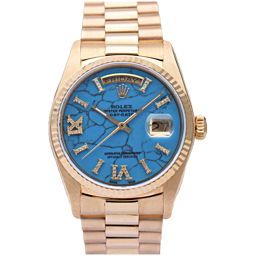 99新 Rolex/劳力士 星期日历型18238松石面金劳36表径自动机械表