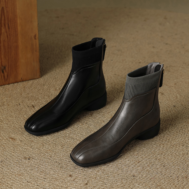 牛皮 跟高3cm/34-40/ 灰色短靴女复古粗跟平跟舒适不累单靴