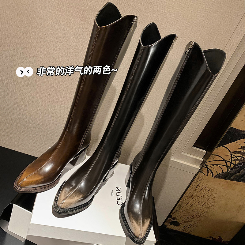 【徐先生】牛皮/跟6.5厘米/34-39/擦色尖头长筒靴女显瘦V口高筒长靴