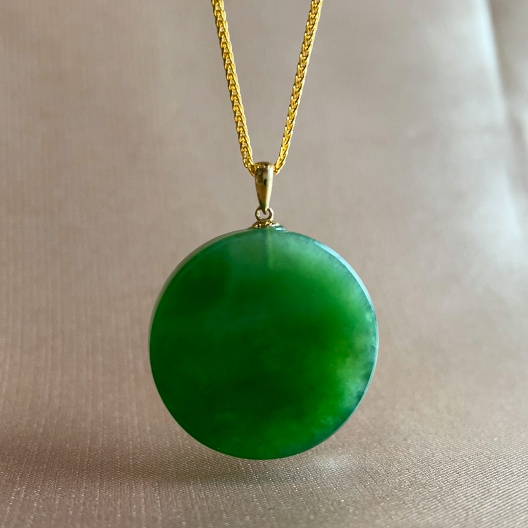 YTX/易同心和田玉碧玉22MM小圆牌吊坠18K金扣头镶嵌气质百搭时尚