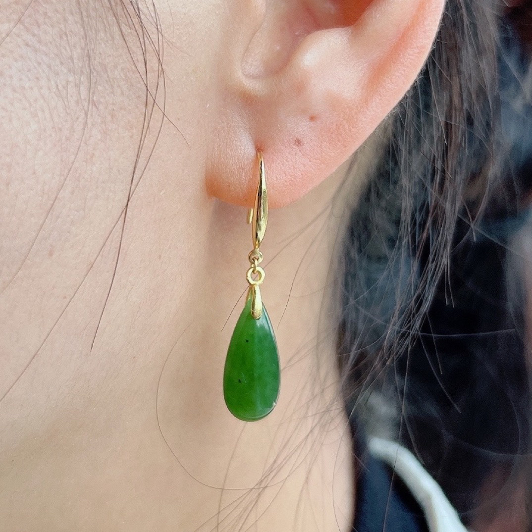 YTX/易同心和田碧玉银镶嵌双面水滴耳环裸石约8x18mm经典日常百搭