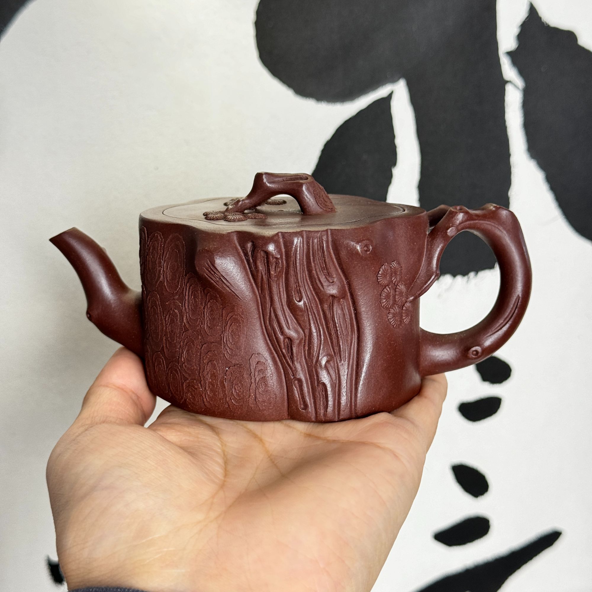 原矿紫泥茶壶手制浮雕泡茶壶松桩壶全手工120cc紫砂壶茶具