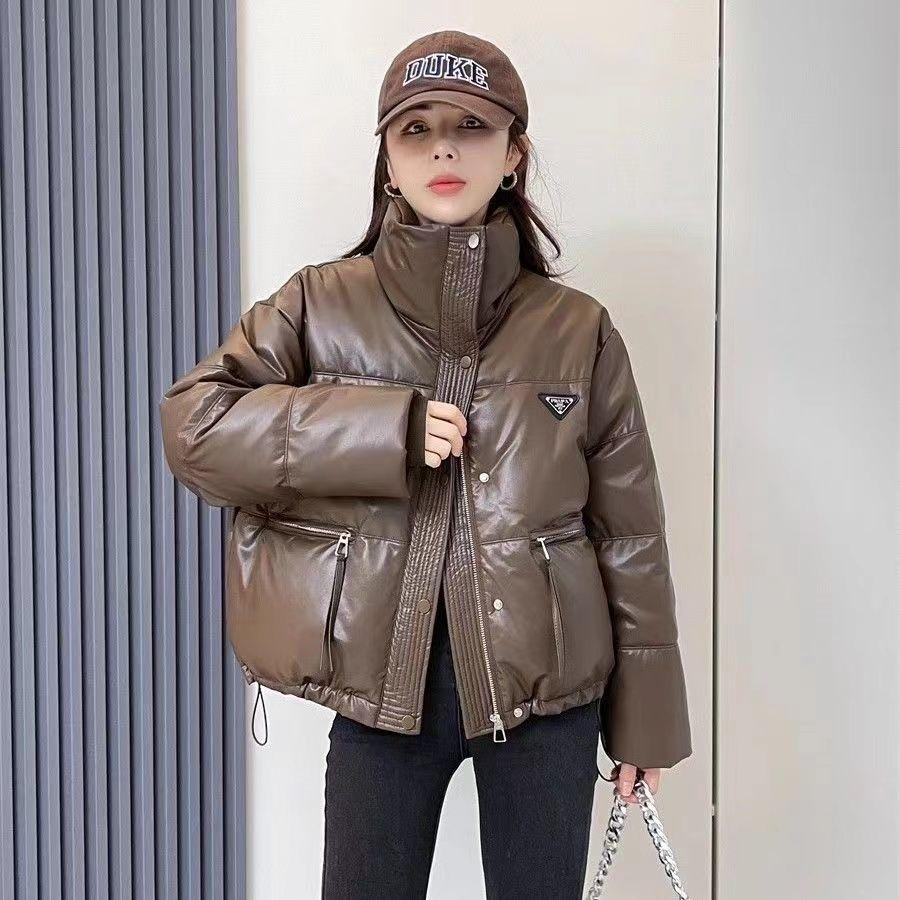 波司橙冬季新款立领PU皮羽绒服短款2023加厚小个子时尚白鸭绒面包