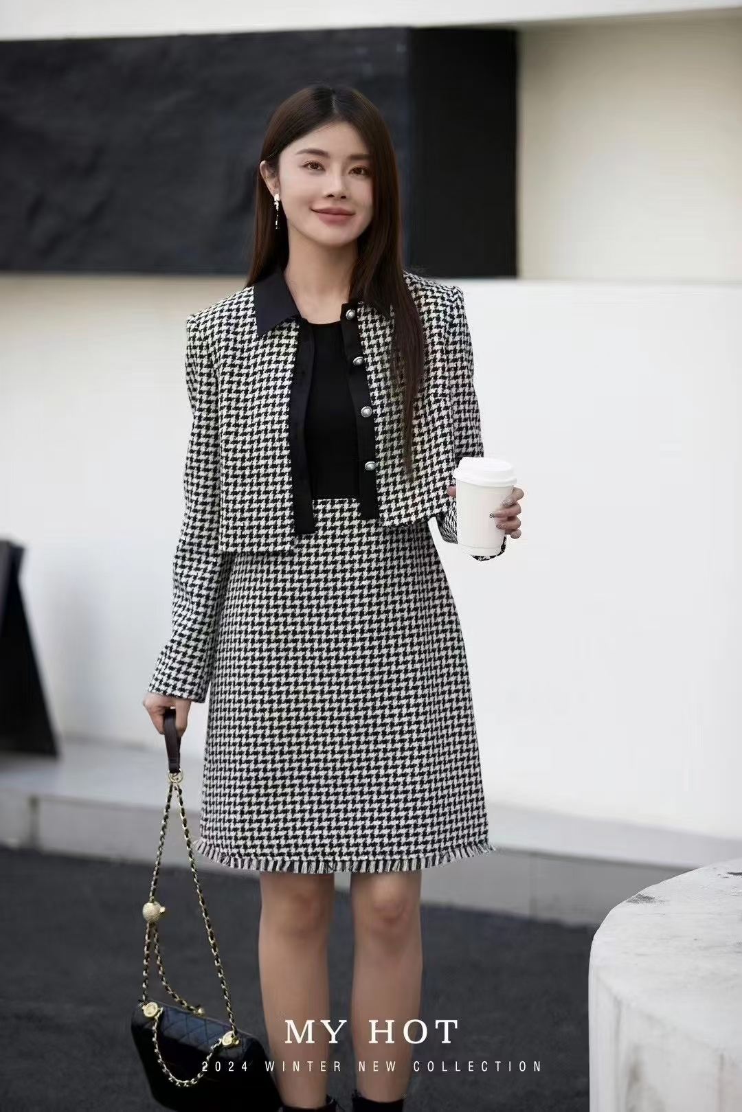 千鸟格小香套装裙