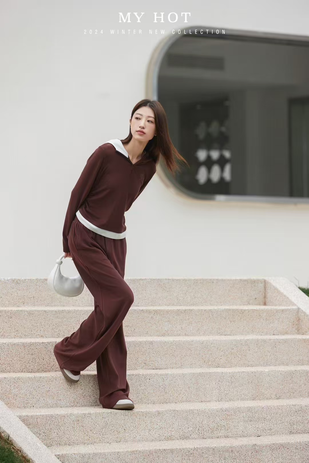 咖色德绒松紧腰直筒裤