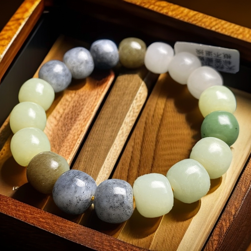 天然和田玉老型珠多宝直切手串12mm左右单圈珠串百搭时尚素圈