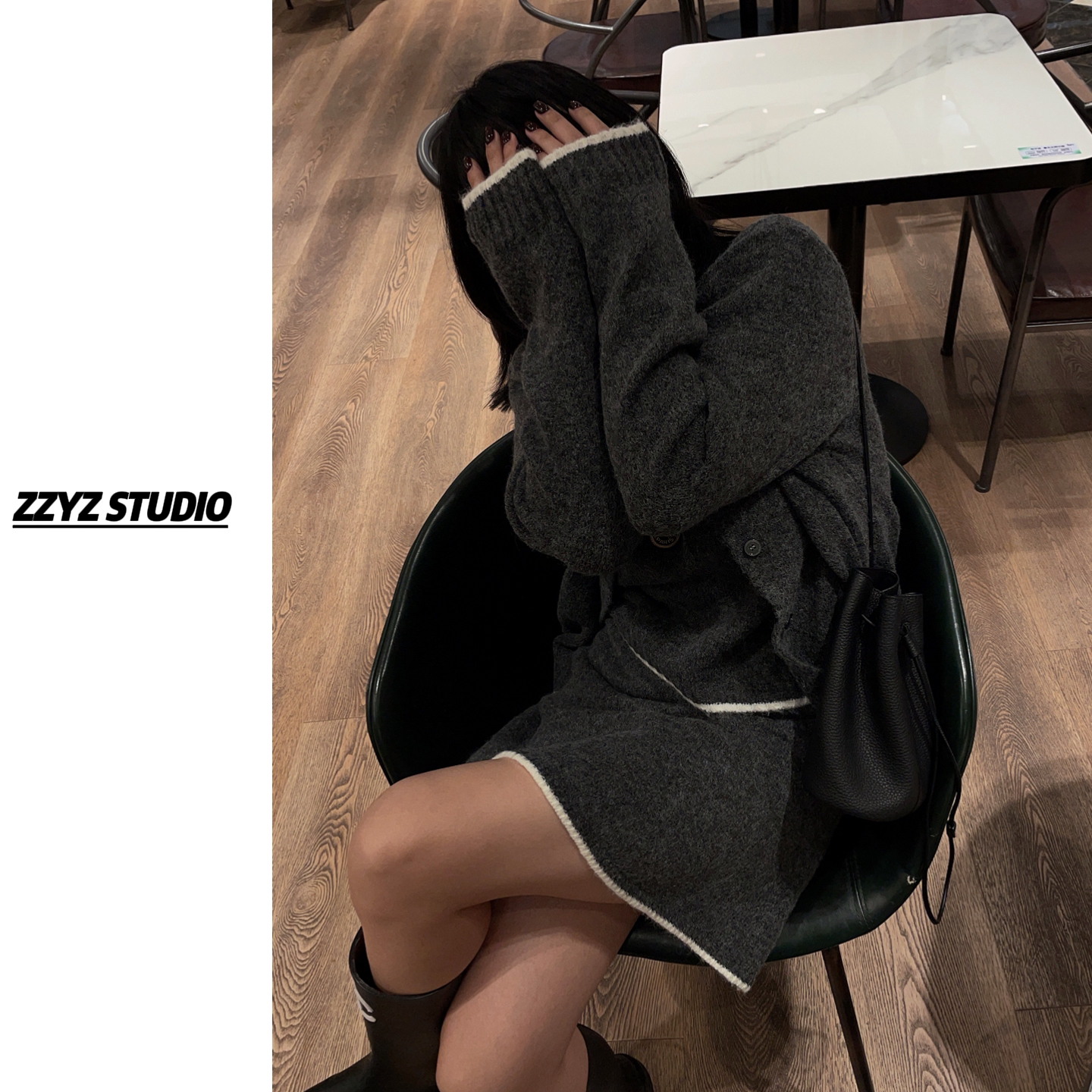 【ZZYZ】高级感小香风撞色边针织开衫＋上衣＋半身裙三件套