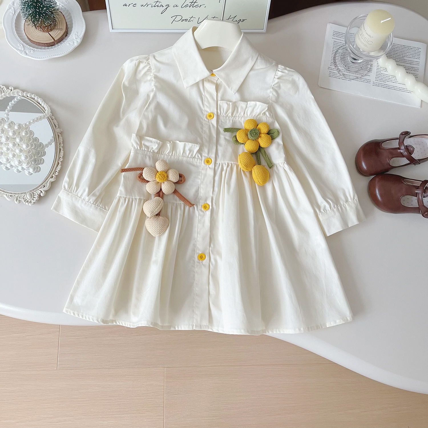 2024秋季新款韩版时尚网红炫彩黄花朵长袖衬衫裙Q67320