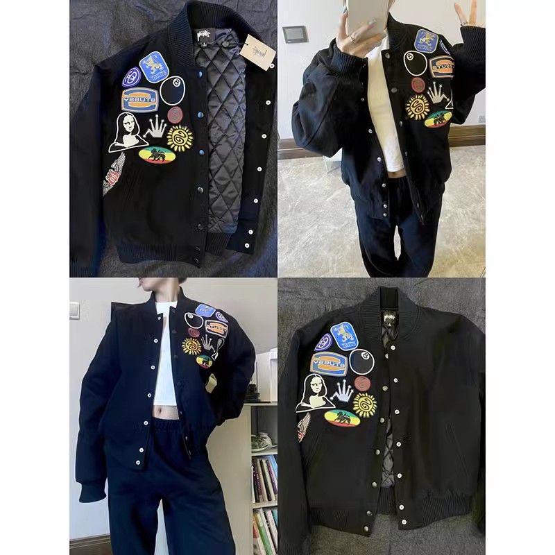 美式复古潮牌印花棒球服外套2023秋冬季宽松加棉加厚夹克上衣