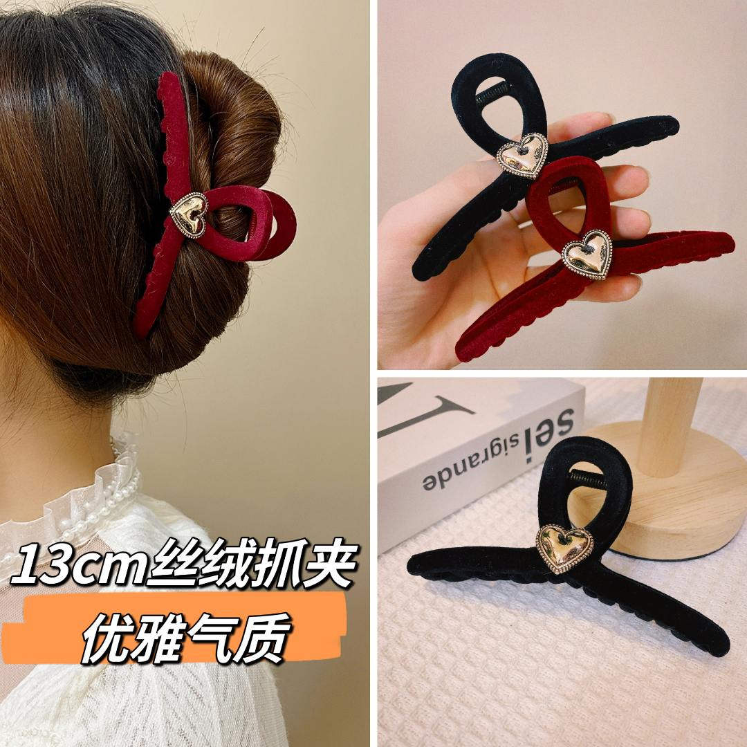 亚克力发饰丝绒抓夹秋冬植绒复古爱心盘发鲨鱼夹气质大号网红抓夹