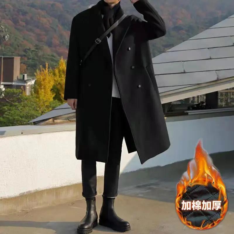 爆款韩版风衣男中长款潮流宽松过膝英伦双排扣外套秋冬季加厚日系