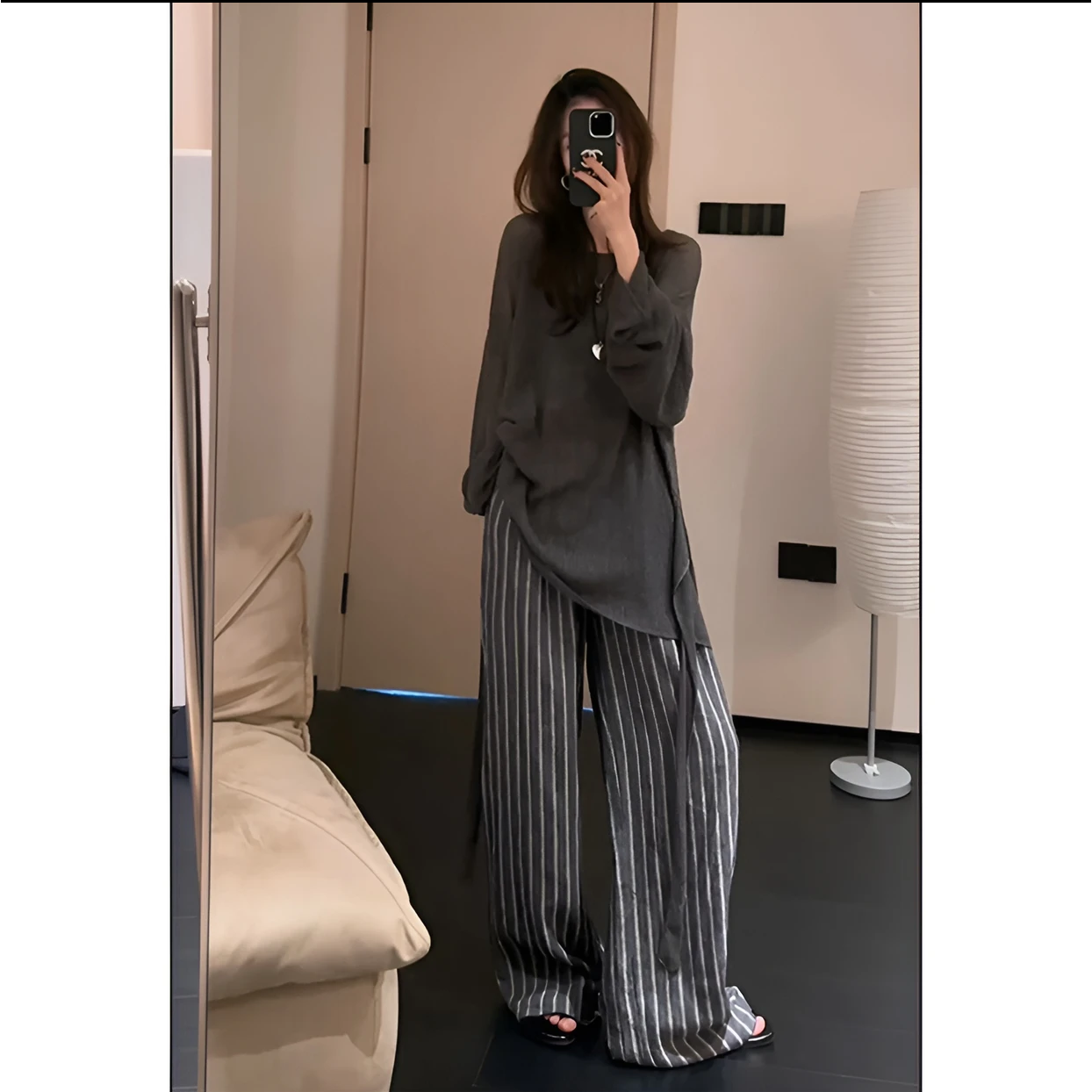 大码女装慵懒风2025新款显瘦条纹阔腿裤韩版中长款宽松遮肉毛衣